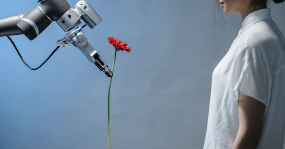 Ai Innovation - A Robot Giving a Woman a Flower